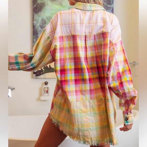 New Trendy Boho Multi Plaid Vintage Washed Distressed Hem Button Down Shirt - Picture 5 of 10